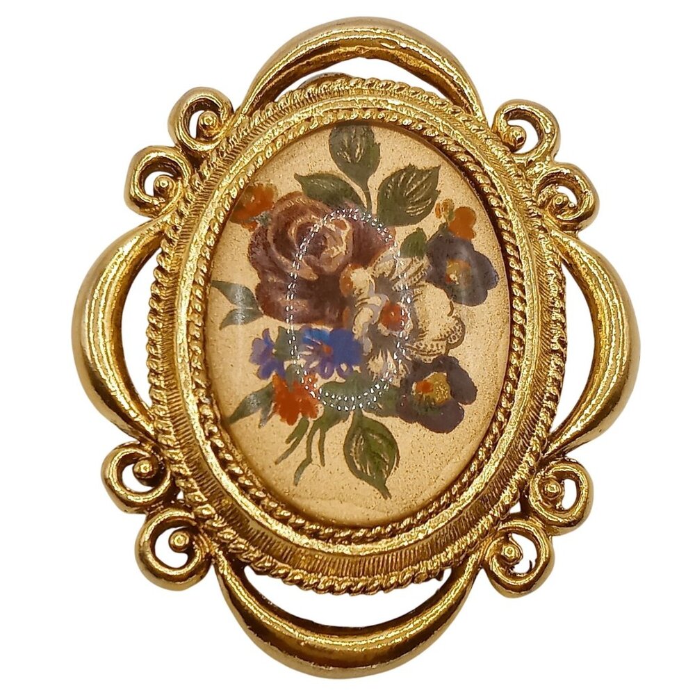 Vintage Corday Perfume Locket Gold Tone Floral Design Oval Shape Cabochon Design